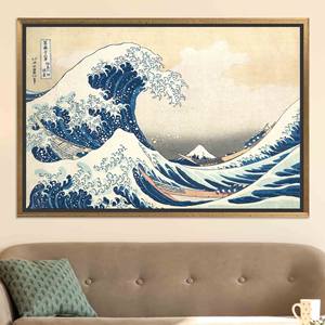 Impresión en lienzo de paisaje marino de Hokusai - Obra de arte de mar agitado, lienzo con marco dorado - Product Image 1