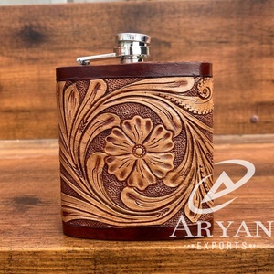 Wholesale Hand Tooled Leather Hip <b>Flask</b> Western Floral Genuine Leather 8oz <b>Flask</b> Cover Top Grain Leather Stainless Steel <b>Flask</b> - Product Image 1