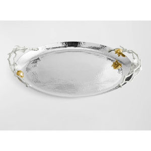 Exclusive Quality Metal Stainless Steel Oval Tray With Lily Designer Handle Tabletop Food Serving Tray Snacks Server Platters - Product Image 5