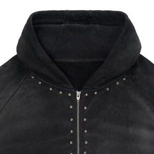Men's Black Hooded Sweatshirt Oversized French Terry Rhinestone Detail Casual Streetwear <b>Zip</b>-<b>Up</b> <b>Jacket</b> - Product Image 6