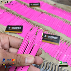 Pinzas de pestañas con agarre de diamante Rosa Caja personalizada Embalaje Etiqueta privada Punta de fibra de acero inoxidable Pinzas de extensión de pestañas de volumen - Product Image 3