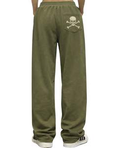 Custom Olive Green Skull Rose Print <b>Wide</b> <b>Leg</b> Sweatpants Women Oversized Streetwear Fleece Jogger Pants Custom OEM Manufacturer - Product Image 4
