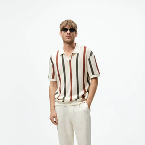 Chemise à manches courtes pour homme, col rayé ajouré en maille légère d'été personnalisée - Product Image 1