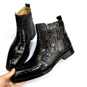 Bottines Chelsea en cuir véritable à motif crocodile pour hommes, bottines à double boucle, bottines formelles à la cheville - Product Image 4