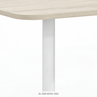 Table de réunion carrée compacte avec plateau en bois grainé beige clair et piédestal blanc pour les zones de réception et de discussion au bureau