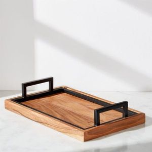 Base rectangulaire en bois de haute qualité avec support en fer noir mat en métal Plateau de service pour ustensiles de cuisine - Product Image 2