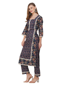 Femmes bleu marine imprimé fleuri coton Salwar costume ensemble dentelle détail cloche manches été fêtes indien pakistanais vêtements - Product Image 5