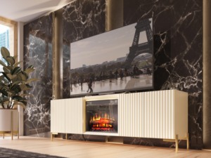 Sang trọng chức năng <span class=keywords><strong>MDF</strong></span> sơn mài <span class=keywords><strong>TV</strong></span> đứng 200cm với điện lò sưởi Cửa Ngăn kéo kính kệ thủ công trong Tây Ban Nha - Product Image 2