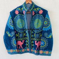 Veste bomber en coton Suzani indienne faite à la main, brodée à la main, courte, unisexe, col montant, réversible