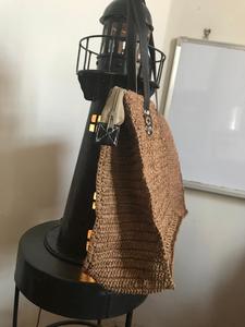 Bolso de Mano de Rafia para Mujer, Diseño Lindo, Dos Asas de Cuero, Cierre de Cremallera de Algodón, Forro de Paja, Diseño con Cordón - Product Image 3