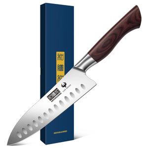 HOSHANHO Couteau <span class=keywords><strong>Santoku</strong></span> de 7 pouces Couteau de cuisine professionnel en acier inoxydable à haute teneur en carbone Couteau de cuisine super tranchant avec manche en bois - Product Image 1