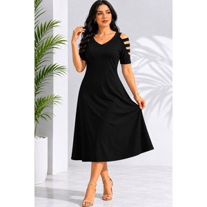 Robe midi en viscose à manches courtes et col en V pour femme avec détail bretelles, 35515 - Noir - Product Image 2