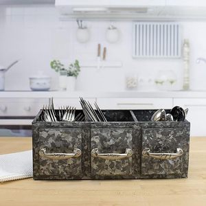 3 Compartments Rustic Galvanized Rectangular Cutlery Holder with Handles - Product Image 2