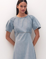 Vente à chaud à la mode Denim couleur unie manches bulle décontracté élégant robe trapèze