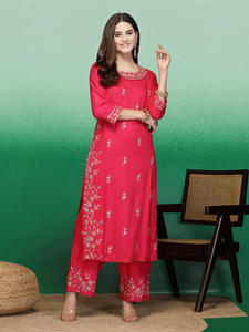 Kurtis Rama pour femmes, tenue de bureau décontractée, en tissu rayonne, magnifiques paillettes roses brodées, coupe droite, Kurti accompagné de palazzo et dupatta - Product Image 2