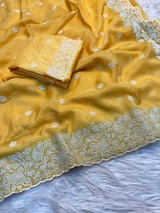 Es una opción mejor calificada, tela de seda tussar suave pura, C pallu trabajo, borde de corte elegante, largo, un minuto, conjunto de blusa Sari drapeada - Product Image 5