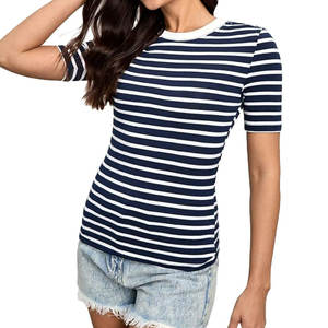 Nuevo Diseño 2024, Camisetas de Mujer Ajustadas con Rayas, Cuello Redondo, Lona de Alta Calidad, Secado Rápido, Transpirables, Manga Corta - Product Image 1