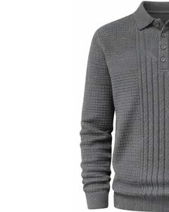 Suéter Polo de Punto Trenzado con Textura Mixta para Hombre, Manga Larga, Cuello con Botones, Informal, para Invierno, Color Gris Carbón, para Venta al por Mayor - Product Image 3