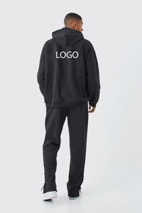Unisex <b>Black</b> Hooded Anti-Wrinkle Lightweight Tracksuit Set Full Length Loose Fit 100% Cotton Solid Color Casual Jogger <b>Pants</b> - Product Image 2