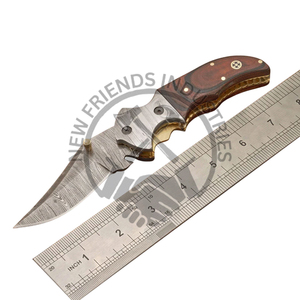 Couteau pliant en acier damas de vente chaude avec manche en micarta et gaine en cuir cousue à la main pour les voyages en plein air et les cadeaux - Product Image 1