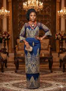 Tenue de mariage ethnique africaine pour femmes et filles avec motif floral perlé à la main, couleur et tissu personnalisables, 100 % polyester - Product Image 2