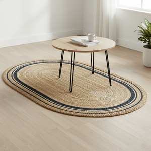 Alfombra de yute de fibra Natural ovalada clásica, borde de rayas negras, lavable, duradera, ecológica, alfombra antibacterias, sofá/cama, sala de estar - Product Image 3