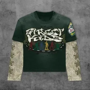 Camiseta de manga larga de doble capa informal de fabricantes personalizados para hombre con estampado lavado ácido vintage desgastado en tela de punto - Product Image 4