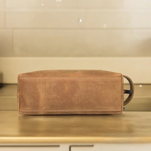Genuine Leather <b>Toiletry</b> Bag Medium Size Zipper Closure Classic Style Soft Handle Portable Cosmetic Case - Product Image 3