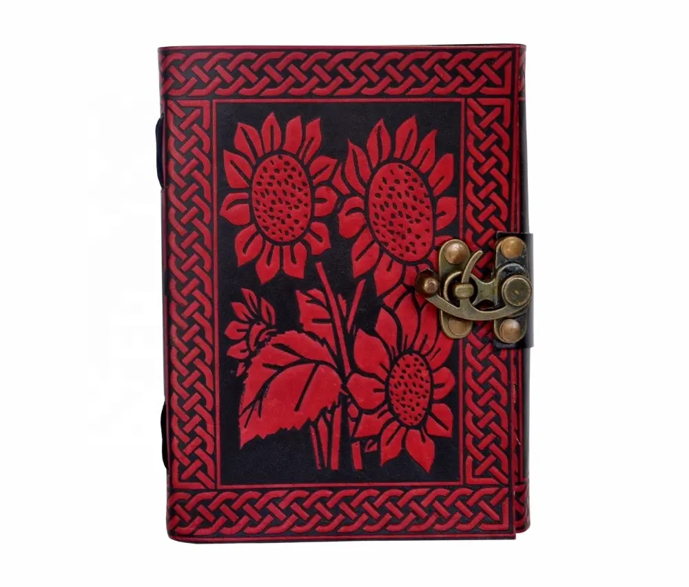 Vintage Handmade leather journal hand panted color Sun flower design 120 pages white paper book notebook color book for kids