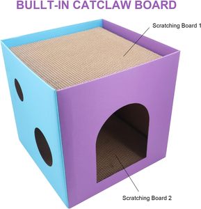 Maison et lit pour chat en carton pliable Caverne cubique confortable avec herbe à chat et 2 grattoirs amovibles (violet) - Product Image 2
