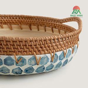 Bol en bambou incrusté de nacre bleue avec poignée, grand saladier, bol en bambou combiné à du rotin naturel - Product Image 2