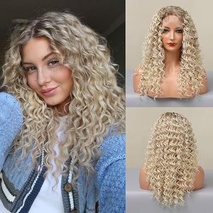 Peluca de Cabello Sintético Resistente al Calor DWY, Larga y Rizada, Rubia, con Frente de Encaje Transparente y Estilo Jerry Curl - Product Image 2