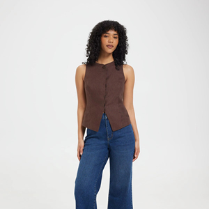 Marrón sin mangas cuello mandarín bohemio Floral Lino blusa botón Vintage ODM 100% Lino transpirable ecológico sólido - Product Image 1