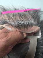 Taz Hair BD Fusion Perruque toupet en cheveux humains Remy à trame nouée à la main, base en dentelle frontale, couleur mixte 1B, patchs capillaires gris, prothèse capillaire