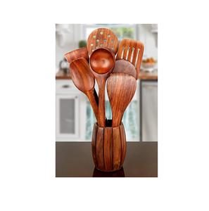 Porte-cuillère de cuisine en bois rustique fait à la main exportateur forme de baril 7 cuillères spatule de cuisine cuillère antiadhésive fabricant en bois - Product Image 1