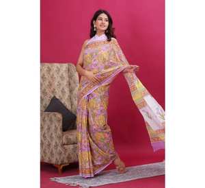 Mulmul Sari en coton léger à séchage rapide pour femmes bloc dessiné à la main imprimé longueur au sol tenue de fête d'été dernière conception douce - Product Image 2