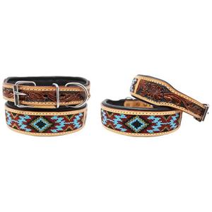 Best Seller Beaded Soft <b>Padded</b> Cow Leather Dog Collar With Hand Tooling & Carving Design Top Wholesale Manufacturer Custom Made - Product Image 1