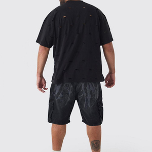 100% coton surdimensionné en détresse T-Shirt pour hommes coupe ample tenue décontracté goutte épaule t-shirts - Product Image 3