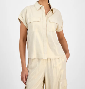 Sleek and Simple Short Sleeve Beige <b>Utility</b> <b>Shirt</b> for <b>Men</b> Casual Wear Lightweight Comfortable Everyday Outfit - Product Image 1