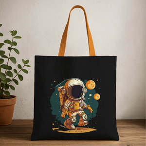 Cool Astronaut Canvas Tote <b>Bag</b> Durable 12oz Cotton <b>Medium</b> Size Long Handle Heat Transfer Printing Recyclable for Advertising - Product Image 1