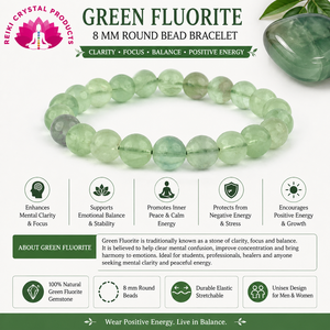 สร้อยข้อมือคริสตัลลูกปัดฟลูออไรต์สีเขียวธรรมชาติขนาด 8 มม. สำหรับสมาธิ ความชัดเจนทางจิตใจ ความสมดุลอารมณ์ และพลังบวก - Product Image 3