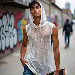 Sweat à capuche en résille sans manches pour homme léger à séchage rapide Design en maille d'été Sexy Sweat à capuche en résille pour garçon - Product Image 5