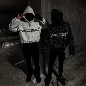 Sweat à capuche OEM personnalisé pour homme, coupe ample, avec grands strass brillants, impression sérigraphique, en coton peigné épais - Product Image 2