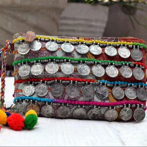 <b>Boho</b> Hand Clutch <b>Bag</b> Hippie Gypsy Handmade <b>Bag</b> Indian Coins Clutch Shoulder <b>Bag</b> with Pom Pom Tassel Accessory - Product Image 1