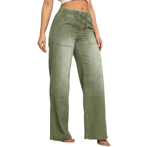 Jean en denim vert olive pour femme, coupe large, taille mi-haute, décontracté, vintage, délavé, jambe droite, 100 % coton, séchage rapide - Product Image 1
