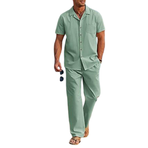 ชุดเซ็ตเสื้อเชิ้ตติดกระดุมและกางเกงขายาวทรงหลวม สไตล์ชายหาด ผ้าฟลีซ ระบายอากาศได้ดี สำหรับฤดูร้อน ผู้ชาย สีสันปรับแต่งได้ตามต้องการ ขายส่ง - Product Image 4