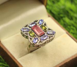 Bague en argent sterling 925 Tourmaline naturelle Tanzanite diamant taille unique plaqué rhodium pour fiançailles anniversaire mariage - Product Image 3