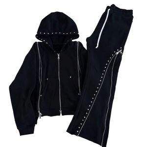 Ensemble de survêtement décontracté pour homme de haute qualité imprimé, streetwear hip-hop, sweat-shirt à strass, pantalon de survêtement évasé, 2 pièces, surdimensionné, fermeture éclair, rivets - Product Image 1