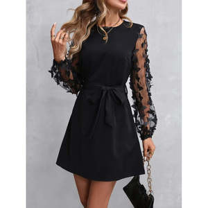 Robe à manches longues pour femme, col rond, avec manches en tulle et détail papillon, robe en crêpe importée, 36560 - Noir - Product Image 6