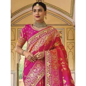 Sari Tradicional de Seda Dola Pura, Color Rosa Precioso con Bordado para Bodas - Product Image 3